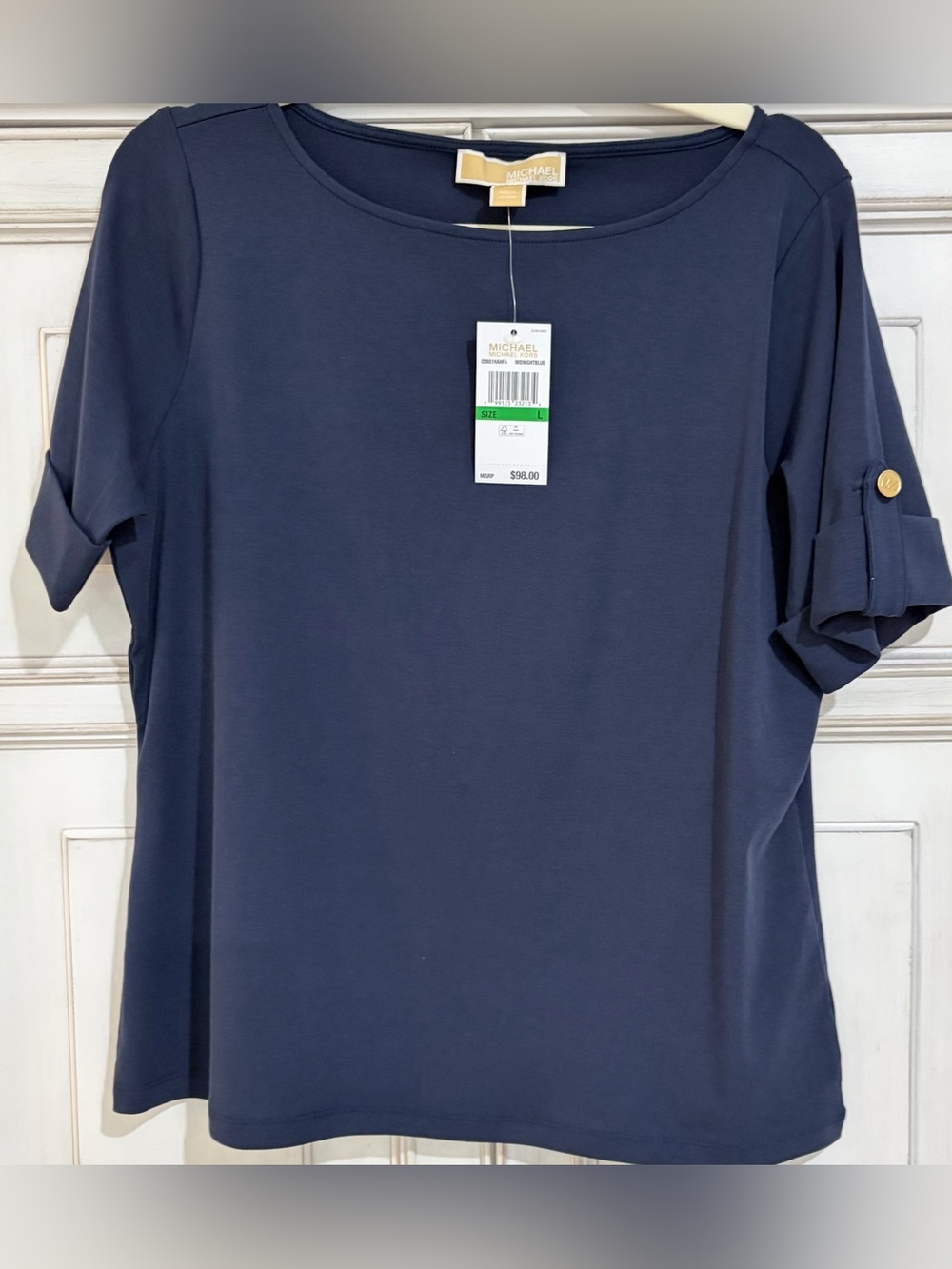 NWT SZ L Michael Kors Navy Blue Boatneck Short Sleeve Top